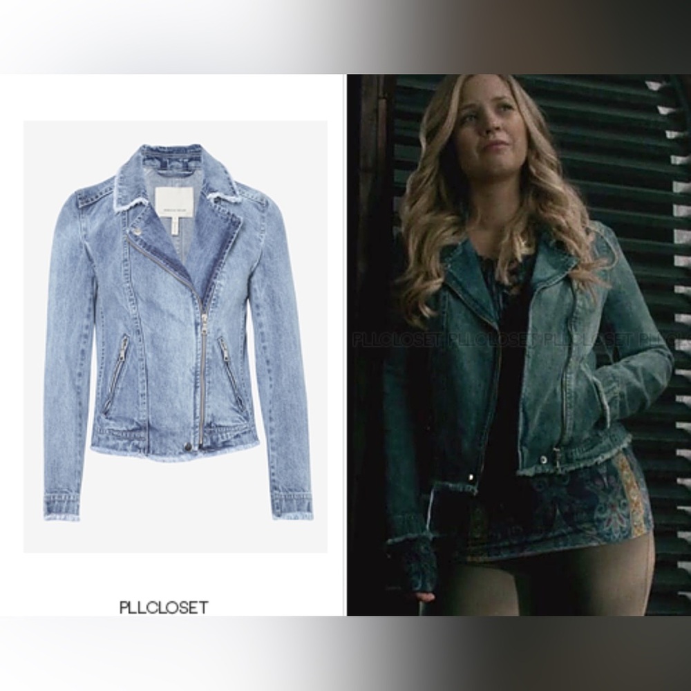 $425 Rebecca Taylor 100% cotton Jean Jacket Moto Style with frayed hem size S